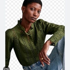 Sezane Olive Lace Button Down Shirt 38